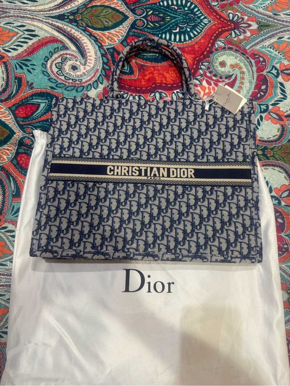 Navy and White Book Tote with CHRISTIAN DIOR Band